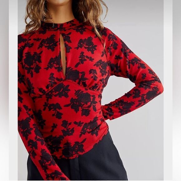 NWT Free People Dinner Party Long Sleeve S Floral Key Hole Mock Neck Retro Chic - Picture 5 of 11